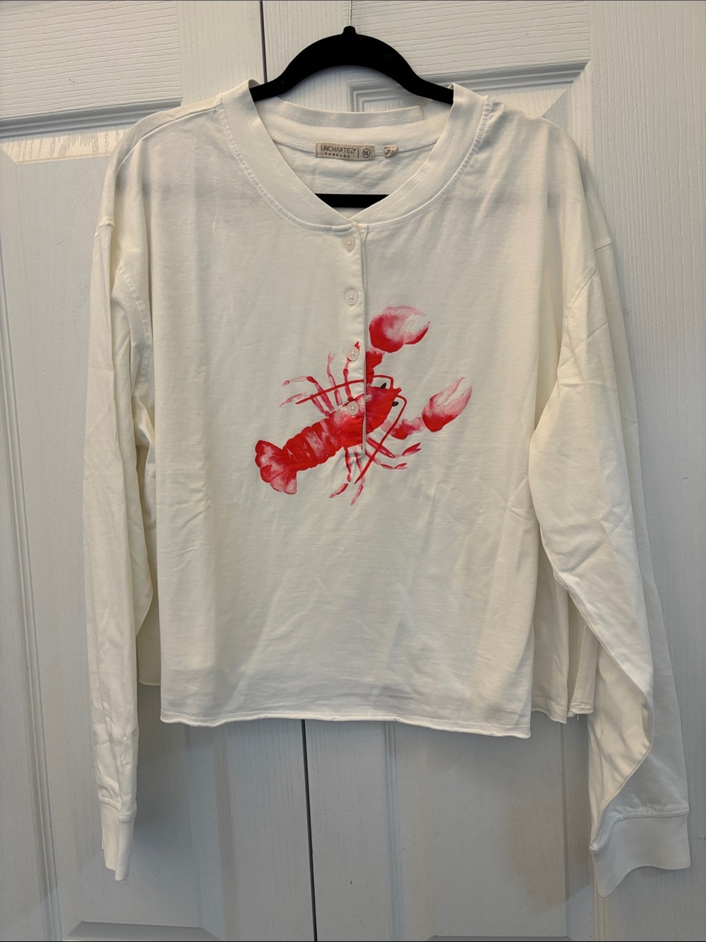 Long-Sleeve White womens Top with Red Lobster Graphic - Classic Comfort XL